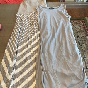 Lot of 2 maternity items. 1 form fitting gray dress, short. 1 skirt